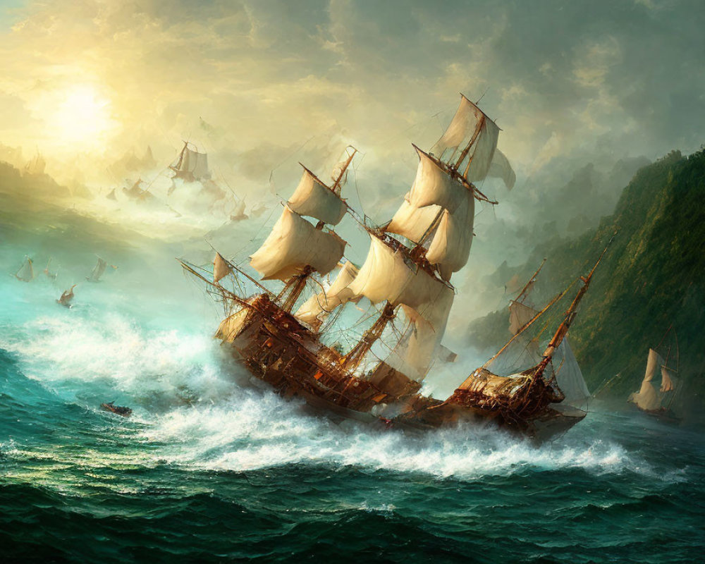 Sailing ship with billowing sails on turbulent seas near rocky coast.