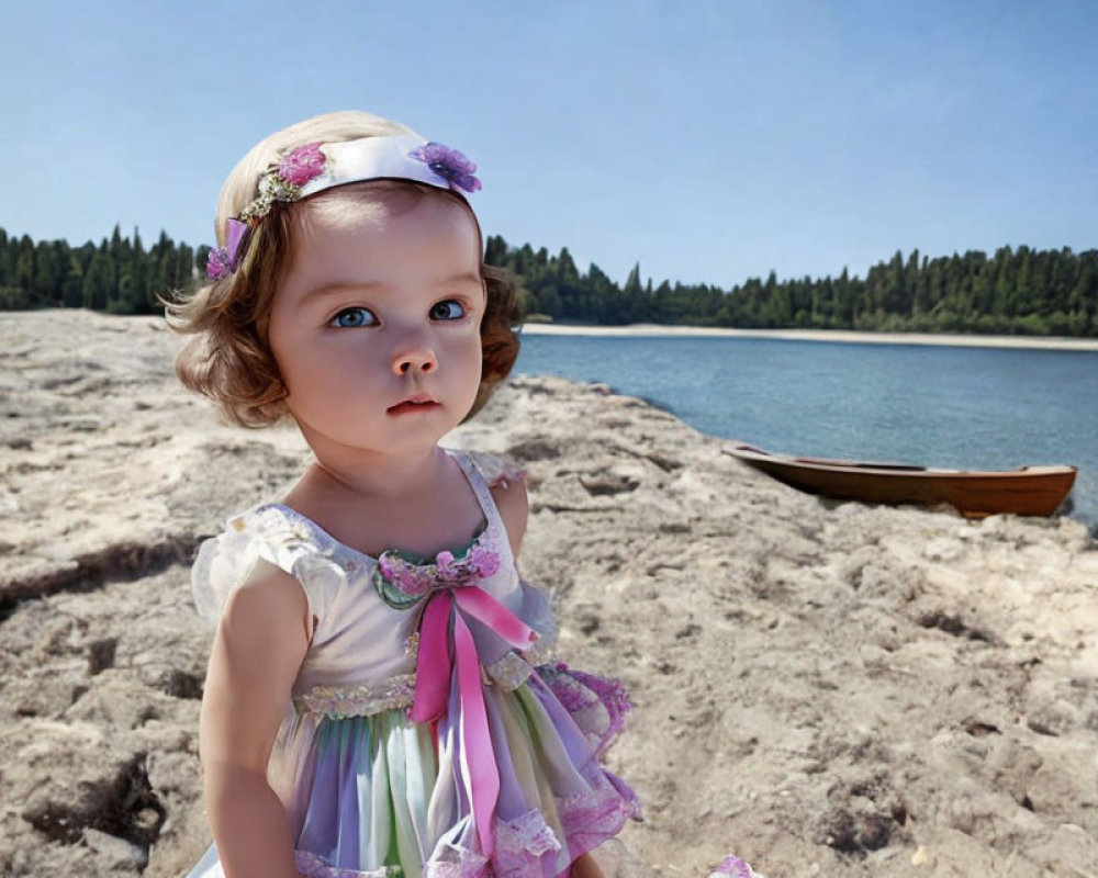 Toddler in pastel dress on sandy shore with canoe and lake.