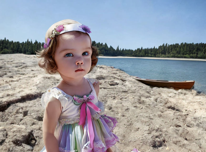 Toddler in pastel dress on sandy shore with canoe and lake.