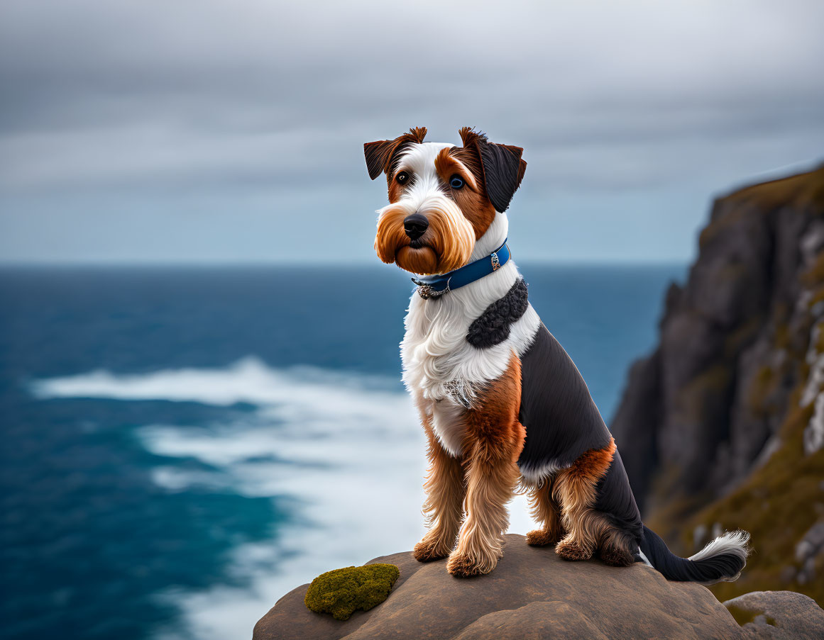 Alert Yorkshire Terrier on Rocky Cliff Overlooking Sea