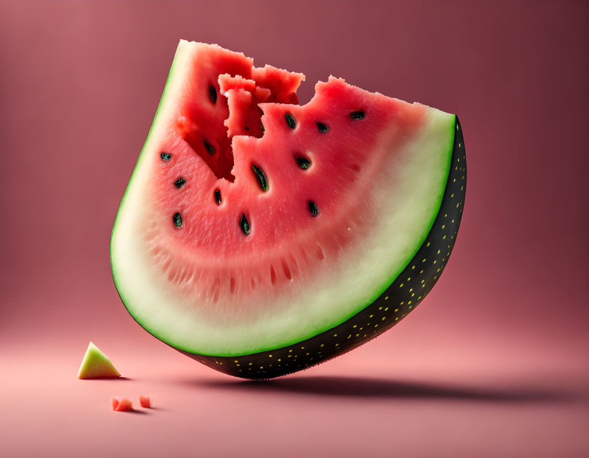 Fresh watermelon slice with bite marks on pink background