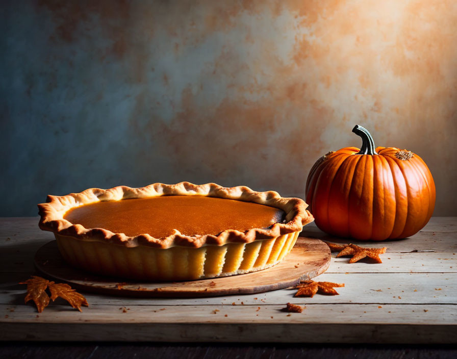 Freshly Baked Pumpkin Pie on Wooden Table with Autumn Decor