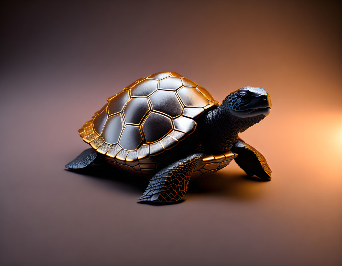 Metallic turtle with geometric shell on orange gradient backdrop