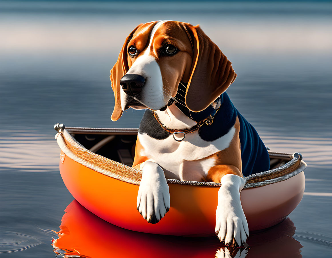 Beagle Dog in Collar Sitting in Small Orange Boat on Calm Water