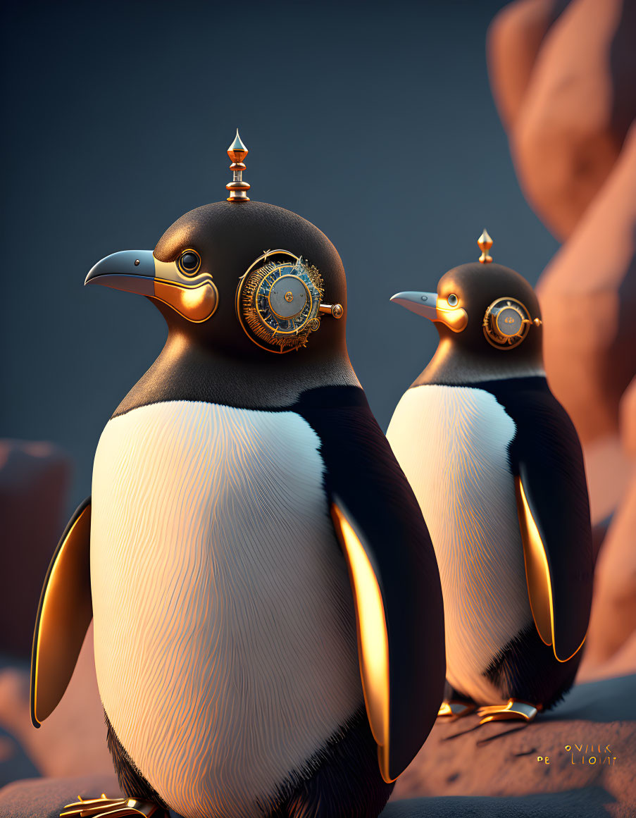 Steampunk-style penguins with mechanical elements and brass fittings on rocky background