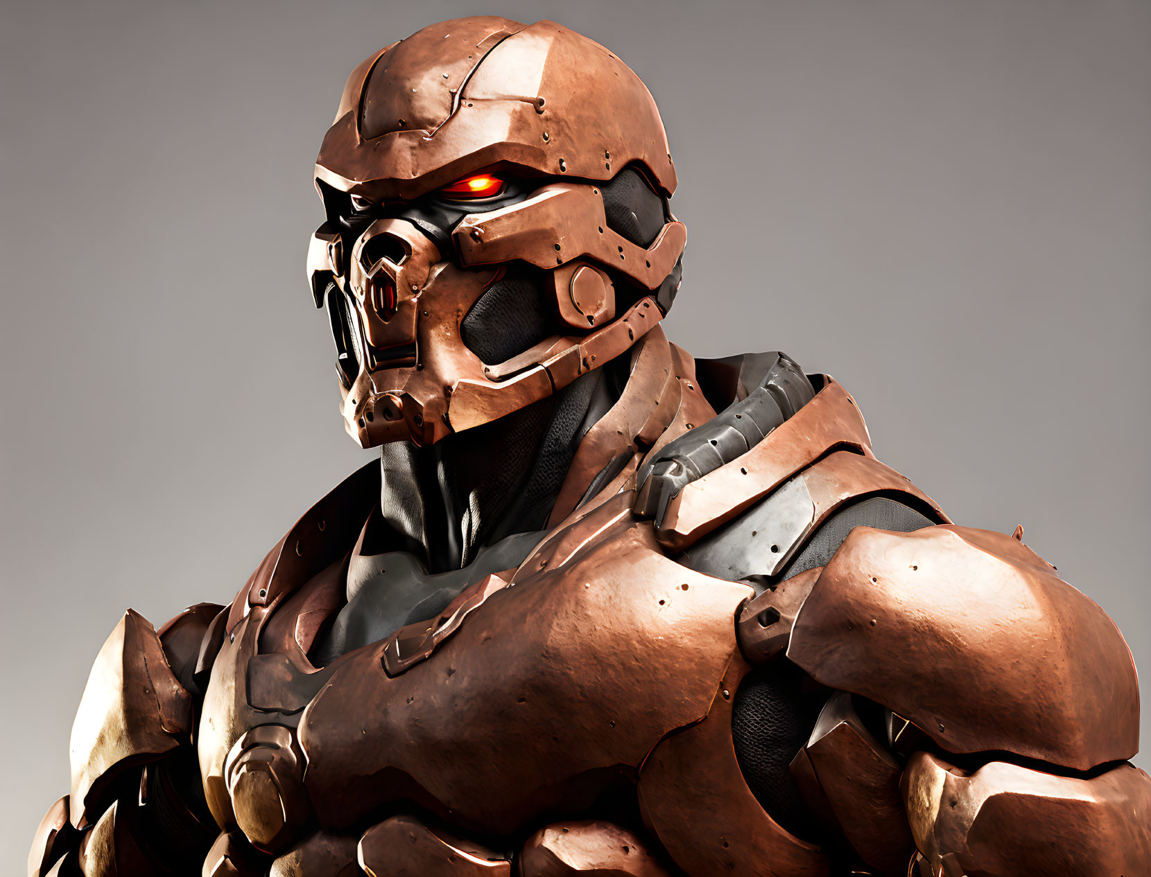 Character in futuristic brown armor helmet with glowing red eyes.