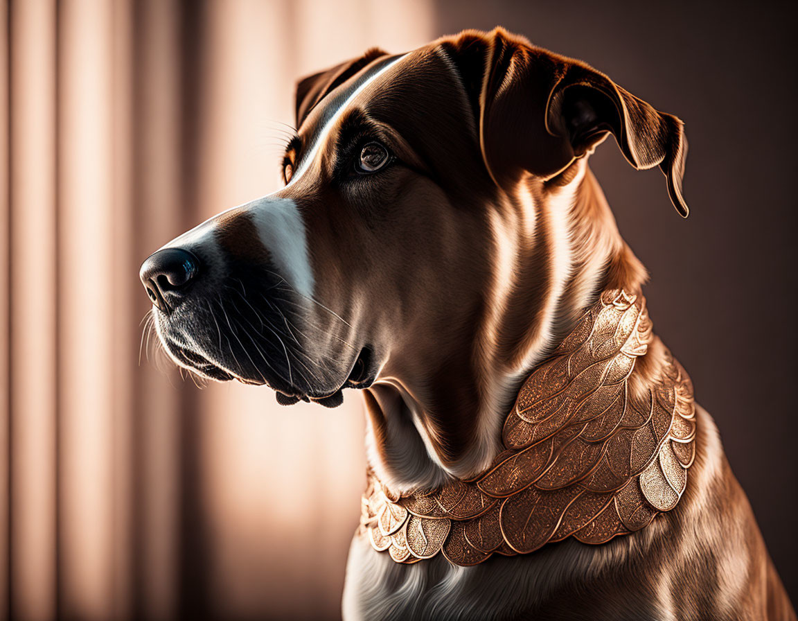 Regal dog with golden collar in elegant pose under warm light