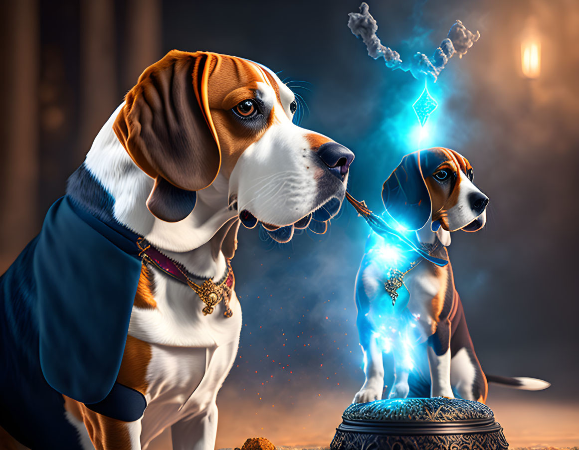 Mystical beagles with glowing symbol in fantasy scene