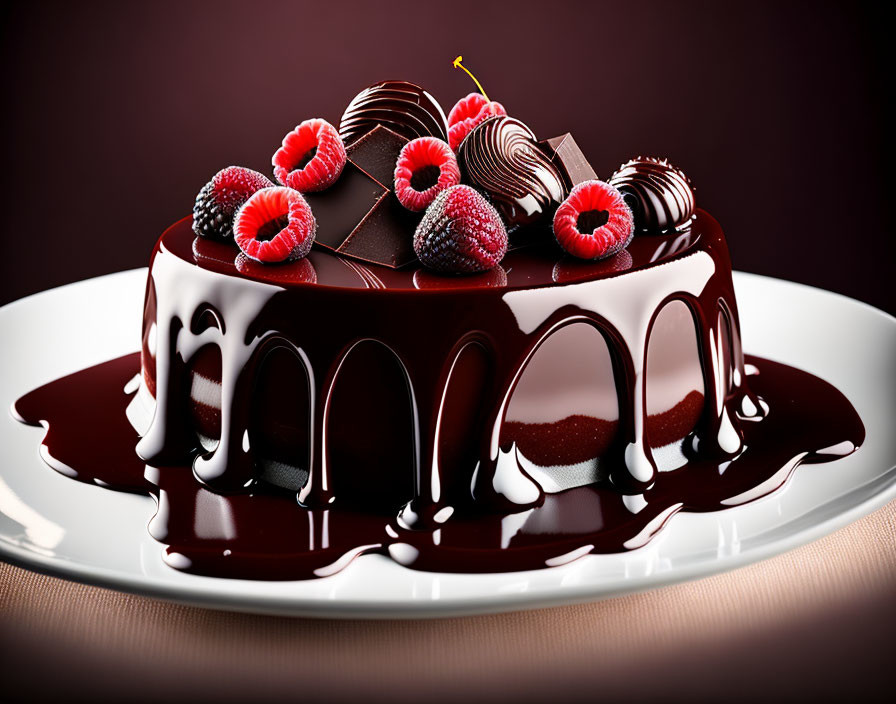 Glossy ganache chocolate cake with raspberries and shavings on white plate