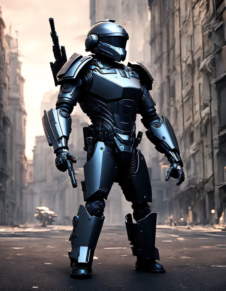 Armored robot with weapons in deserted city street