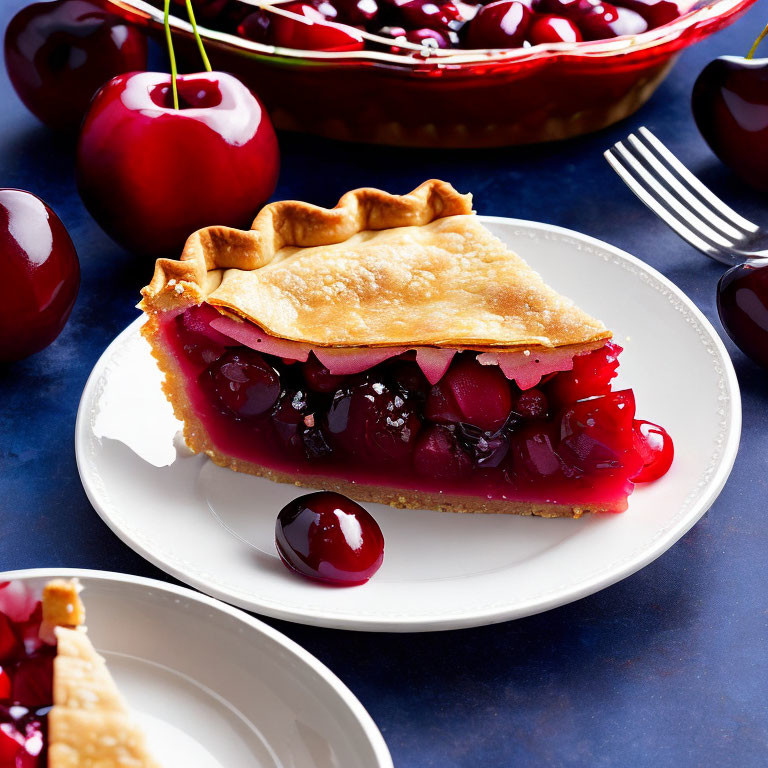 Vibrant cherry pie slice with golden crust on white plate, surrounded by fresh cherries