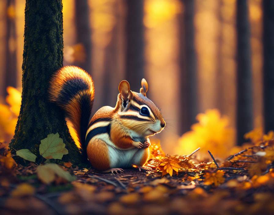 Chipmunk in Autumn Forest Among Fallen Leaves by Tree Trunk