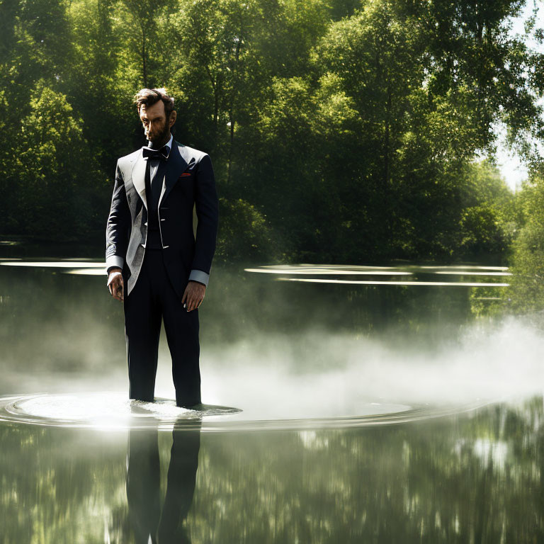 Man in formal suit standing on water surface in misty forest with sunlight filtering through trees