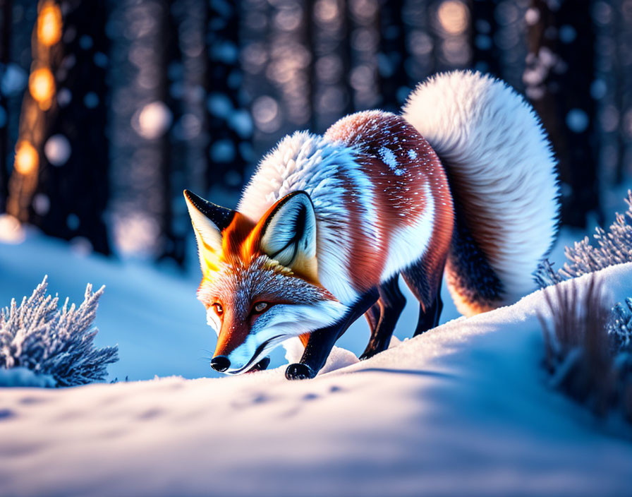 Vivid Red Fox in Snowy Forest with Gentle Sunlight