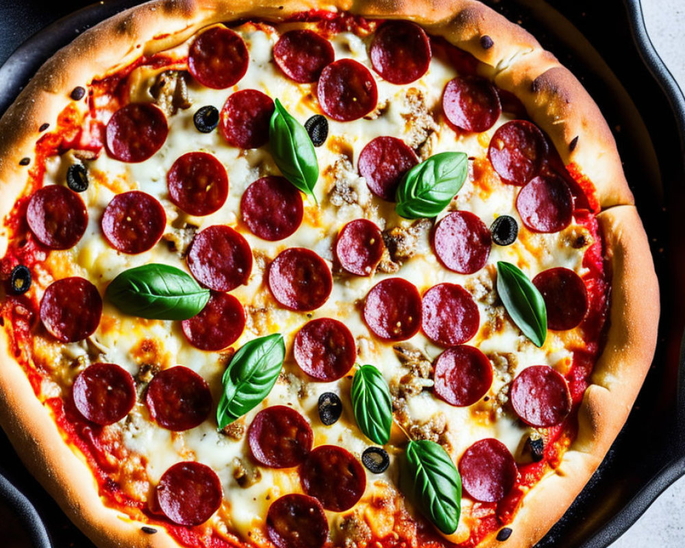 Pepperoni pizza with melted cheese, olives, and basil in a pan