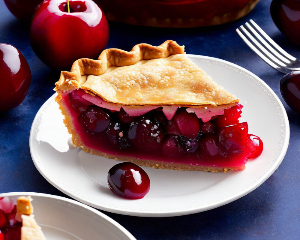 Vibrant cherry pie slice with golden crust on white plate, surrounded by fresh cherries