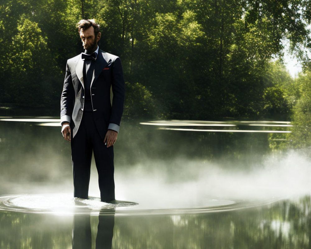 Man in formal suit standing on water surface in misty forest with sunlight filtering through trees