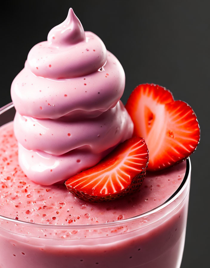 Pink Strawberry Milkshake with Whipped Cream and Fresh Strawberries on Dark Background