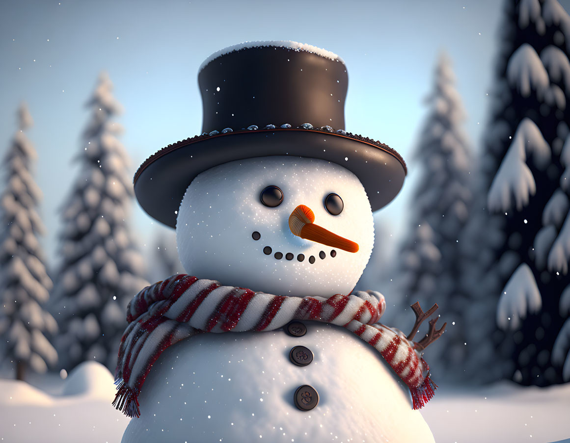 Cheerful snowman with black hat and red scarf in snowy landscape