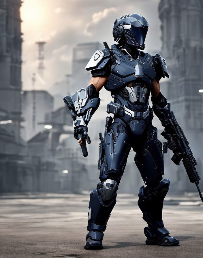 Futuristic soldier in advanced armor and helmet with rifle in urban setting