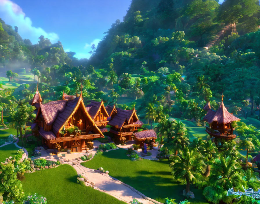 3D-rendered Thai-style village with ornate wooden houses in lush greenery