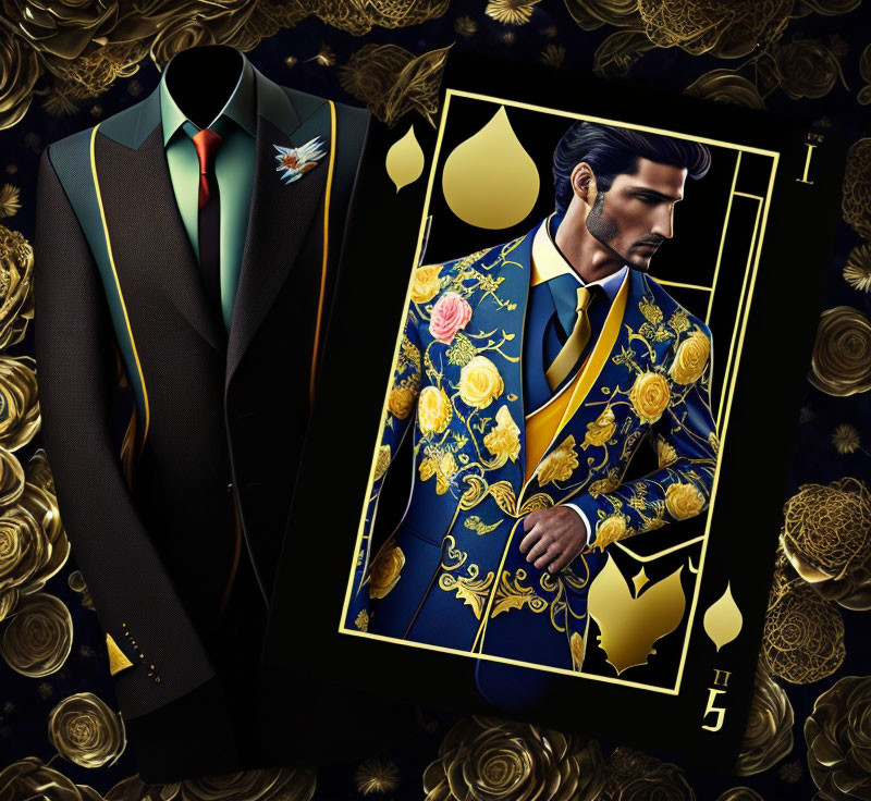 Fashion illustration of stylish man in blue and gold floral suit with playing card motifs