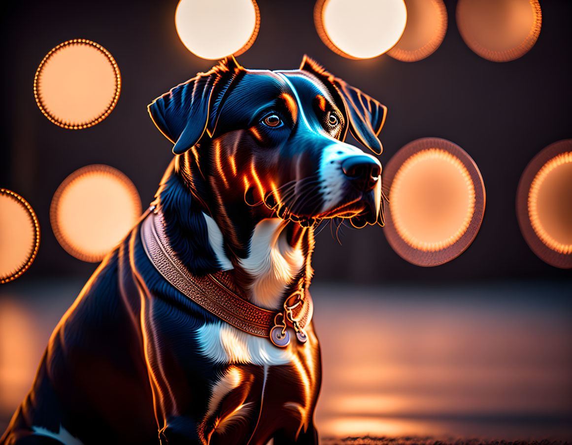 Black and Brown Dog with Glowing Outline in Front of Bokeh Lights