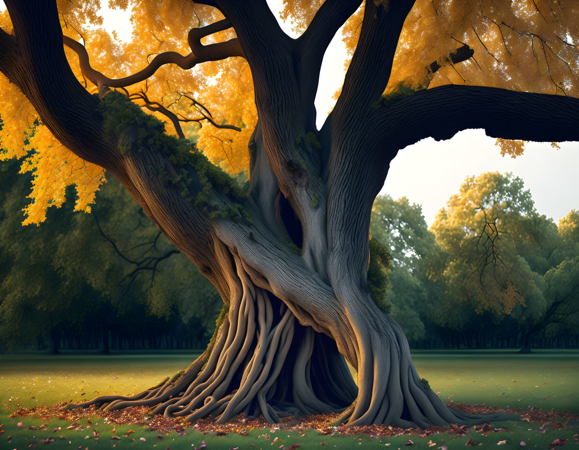 Majestic tree with thick trunk and golden leaves in serene park at dusk