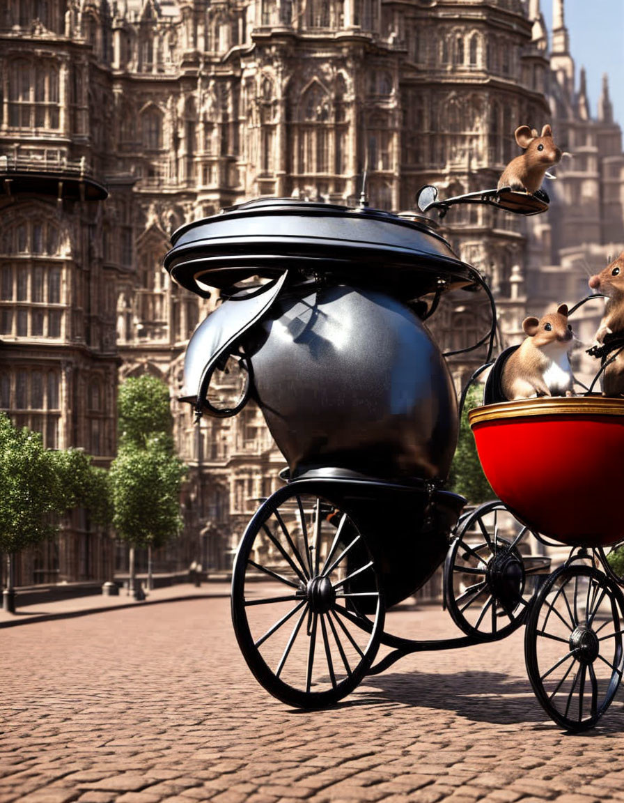 Vintage Black and Red Carriage with Robot Horse and Squirrels on Cobblestone Street