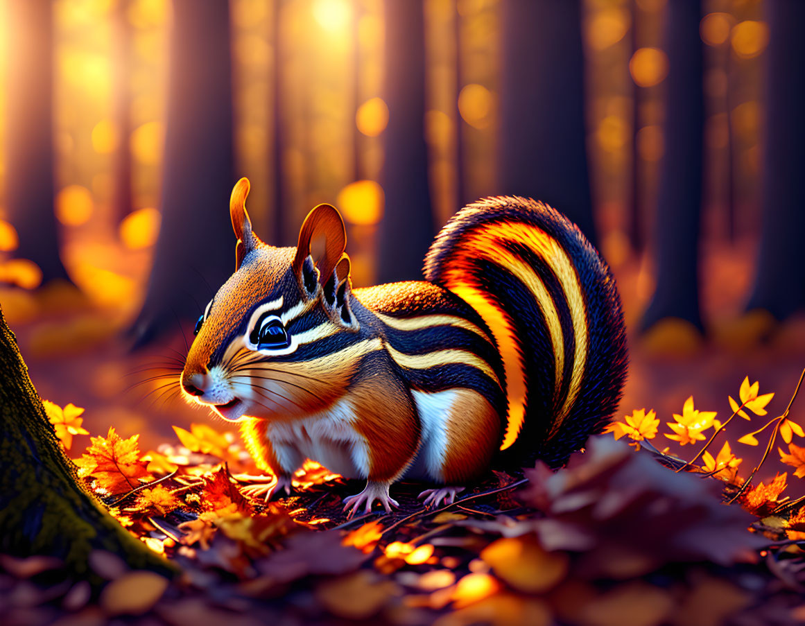 Vibrant chipmunk among autumn leaves in golden sunlight