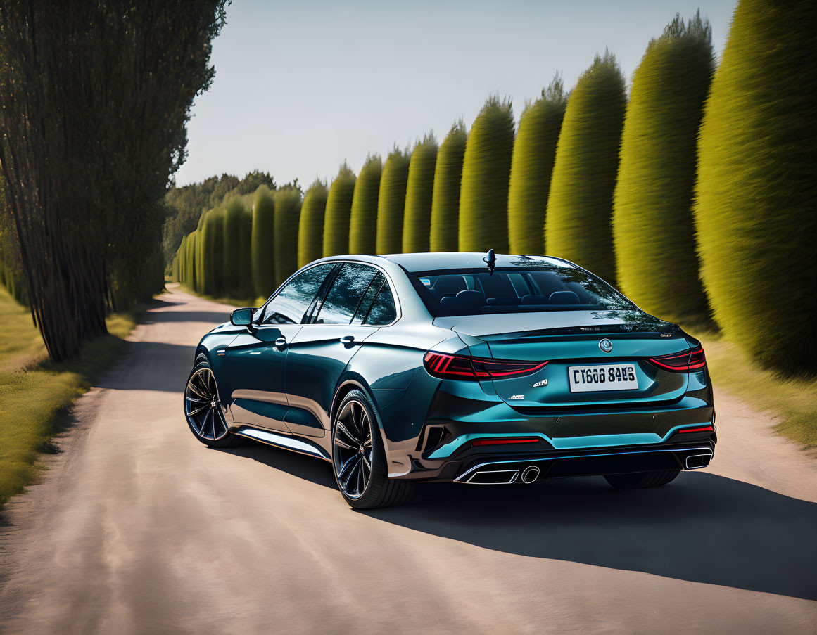 Sleek blue luxury sedan on serene tree-lined road