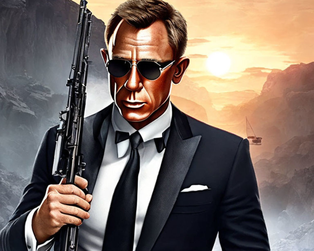 Stylish man in suit with rifle in fiery mountain landscape