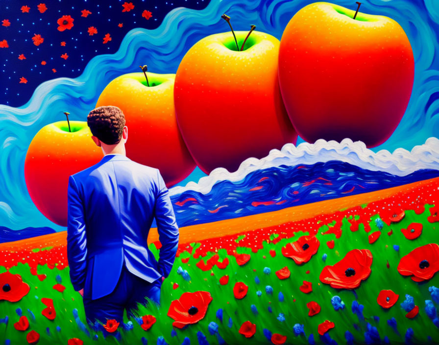 Man in Blue Suit Contemplates Surreal Landscape with Floating Red Apples