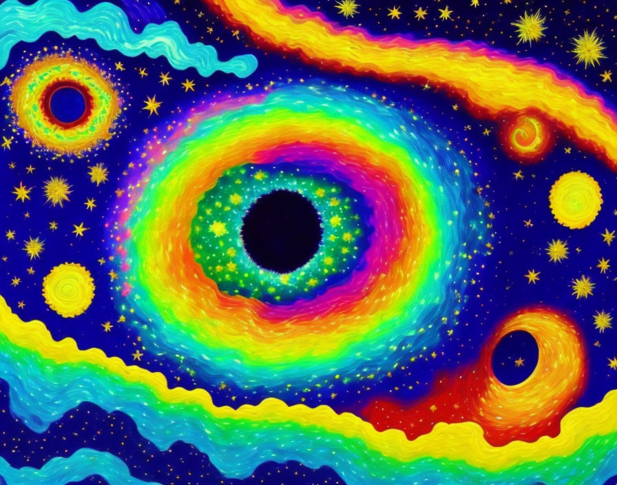 Cosmic digital artwork with black hole and galaxies