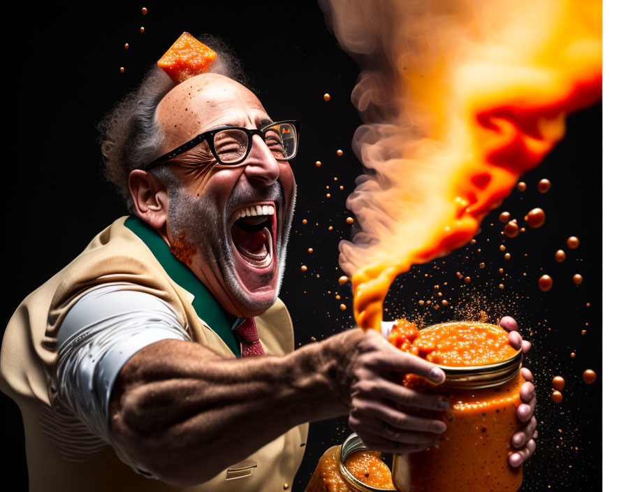 Man laughing with glasses holding jar with fiery orange explosion and splashes