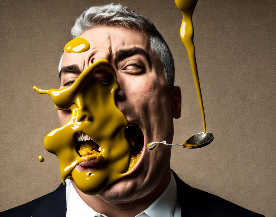 Man in suit with eyes closed, yellow paint pouring from spoon