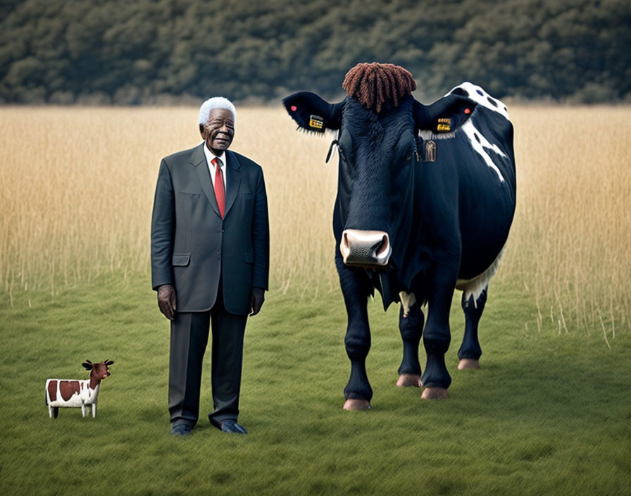 Man in suit with large and small cows in field