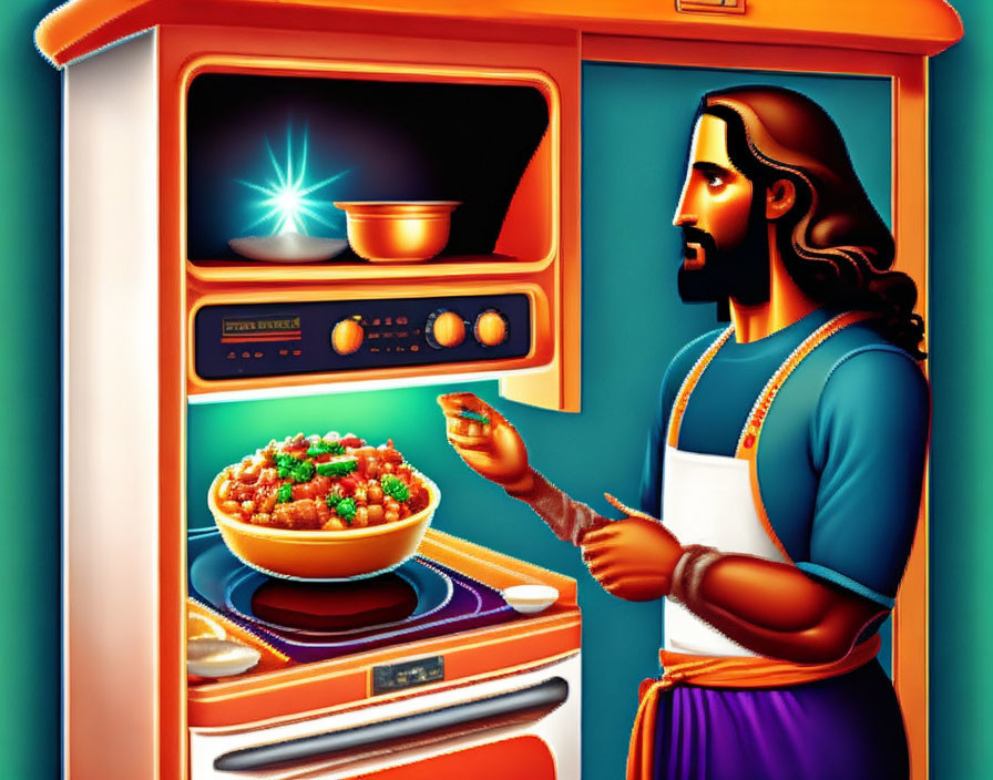 Illustration of person cooking on stove with microwave above