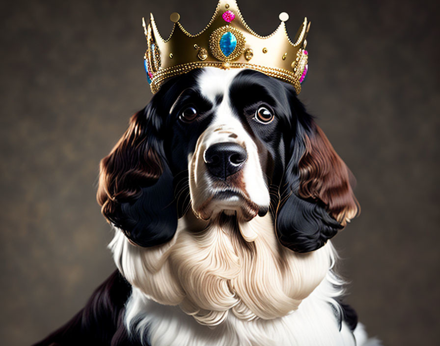 Black and white spaniel dog with gold crown and colorful jewels on textured brown background