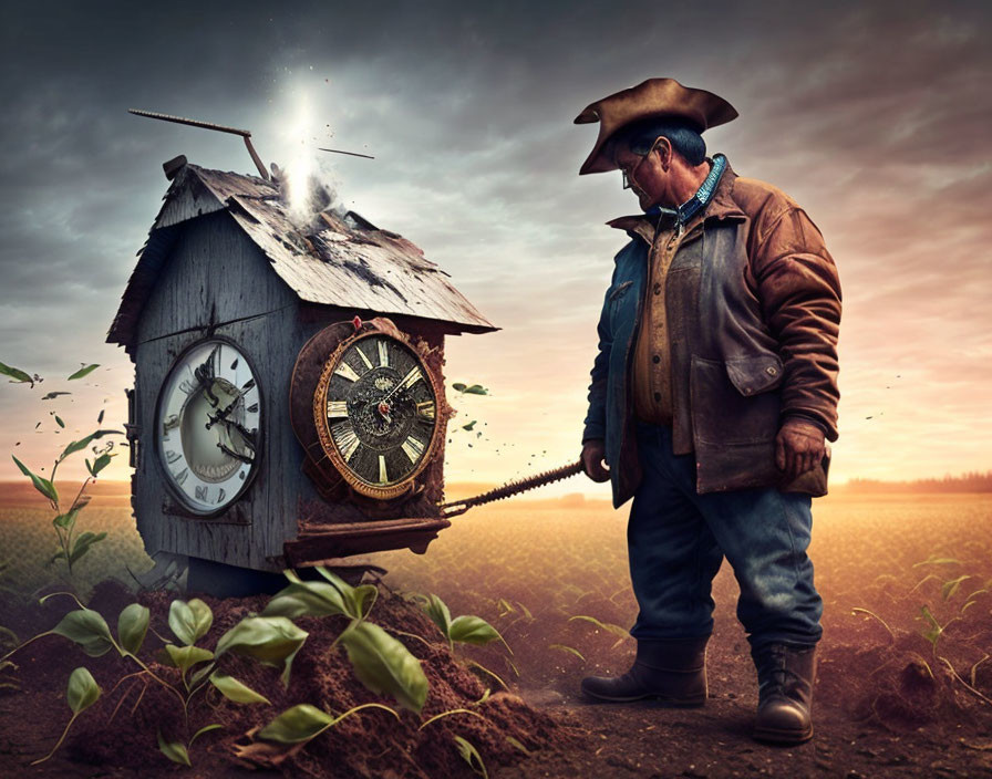 Man in hat and jacket next to whimsical clock-house hybrid with gears and pendulum in farmland