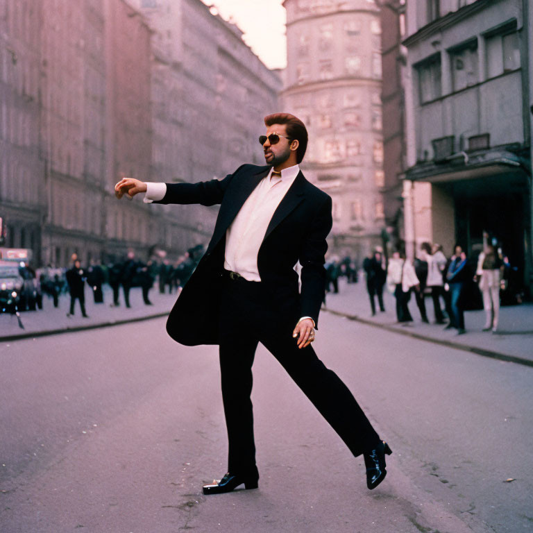 Confident man in black suit and sunglasses on street with bystanders