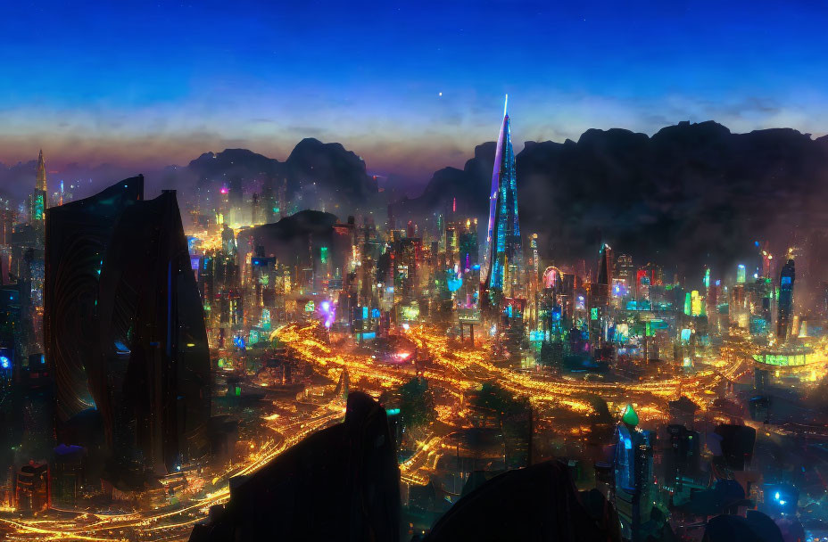 Vibrant nighttime cityscape with futuristic skyscrapers and tower against mountain backdrop