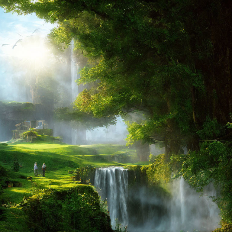 Tranquil Forest Setting with Cascading Waterfall and Sunlit Pathways