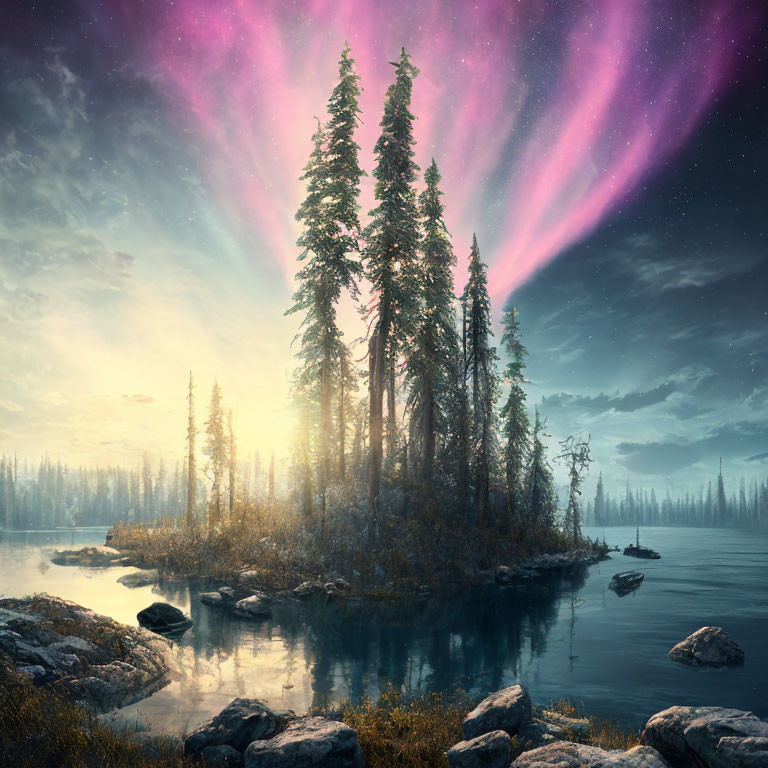 Twilight lake scene with forested island under pink aurora-lit sky