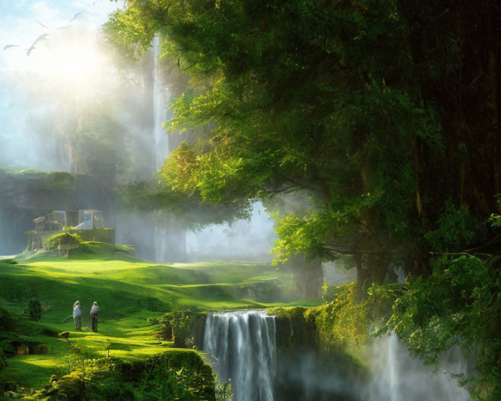 Tranquil Forest Setting with Cascading Waterfall and Sunlit Pathways