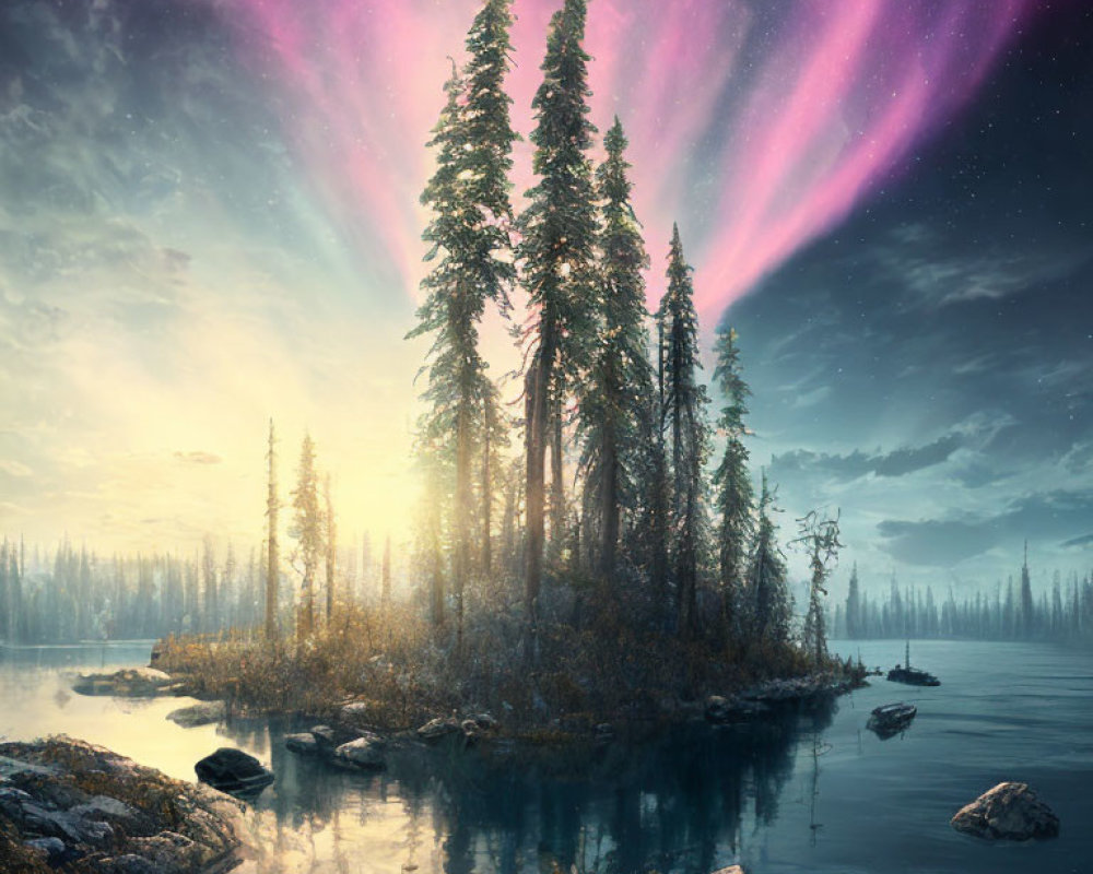 Twilight lake scene with forested island under pink aurora-lit sky