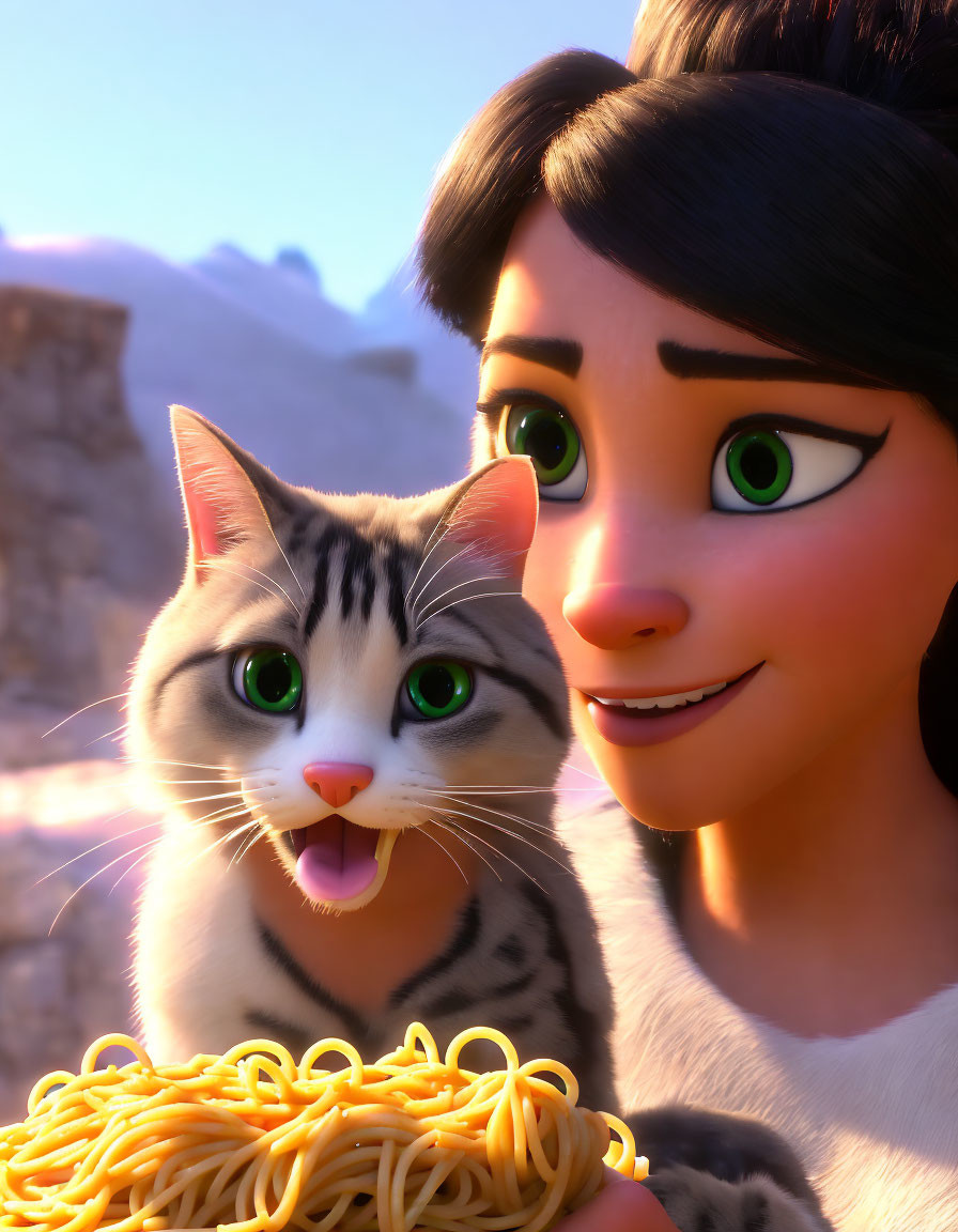 Cartoon girl with big green eyes holding plate of spaghetti next to happy tabby cat