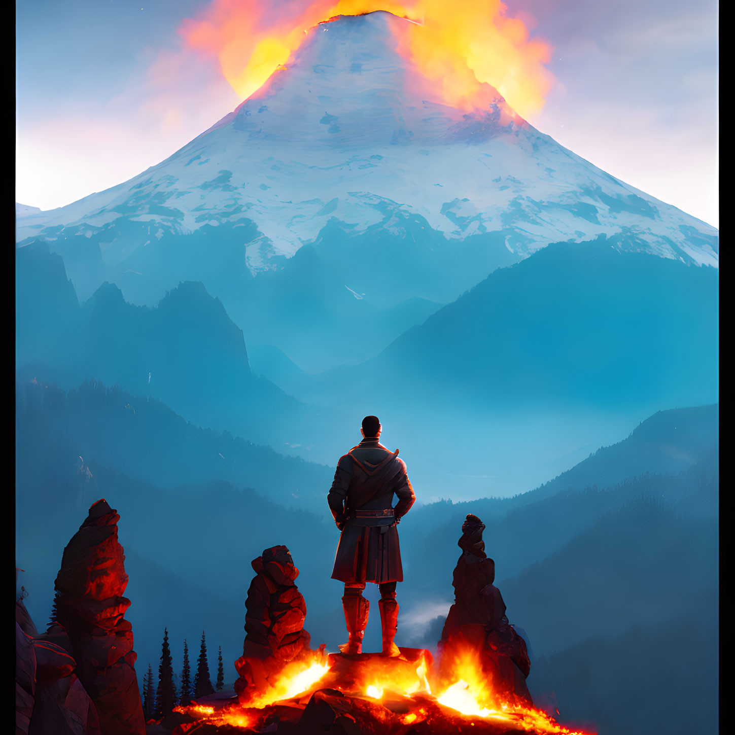 Lone figure on rocky outcrop overlooking volcanic eruption at twilight