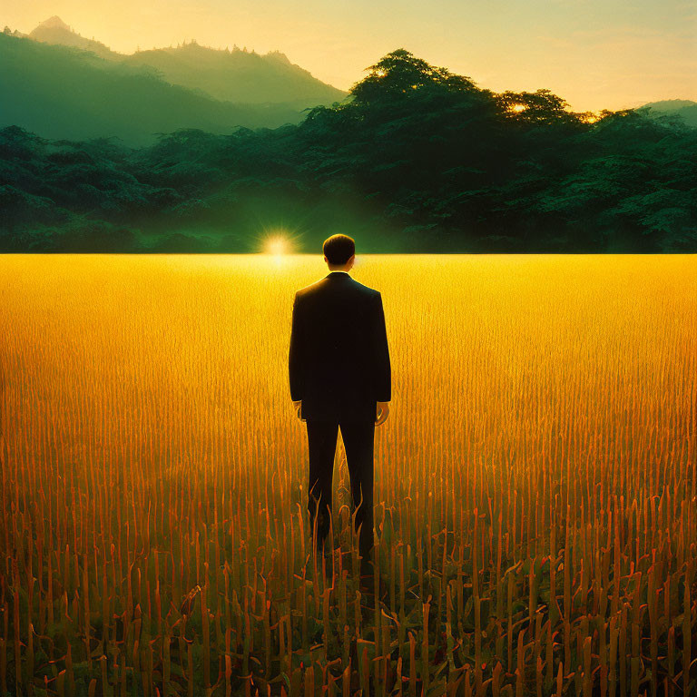 Businessman in suit in golden field with sun and mountains.