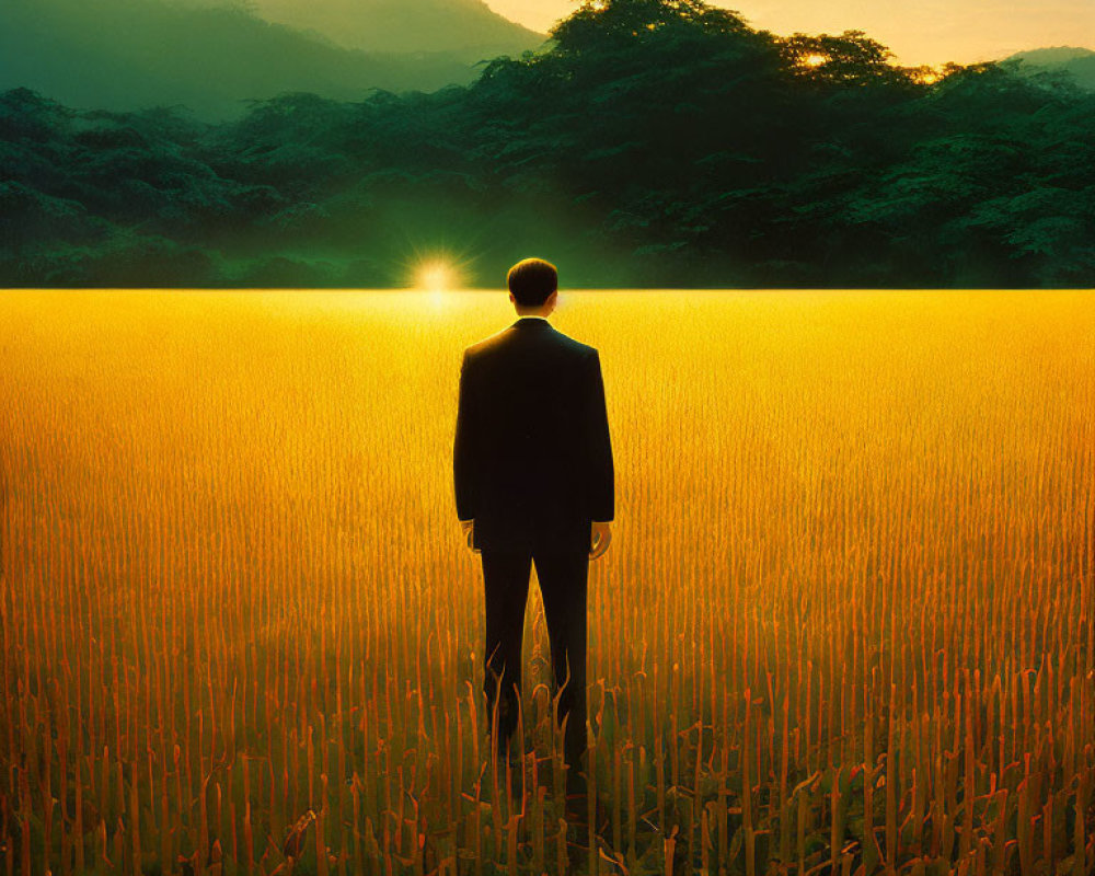 Businessman in suit in golden field with sun and mountains.